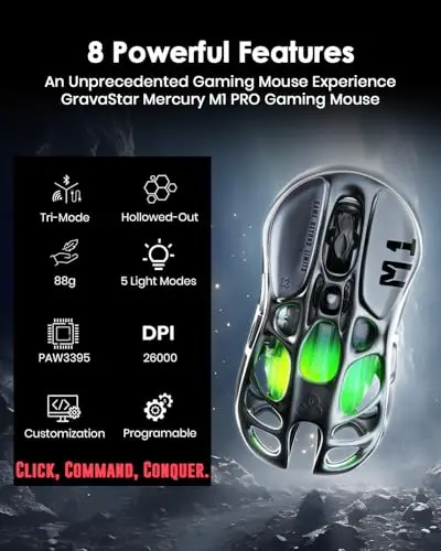 Gravastar Mercury M1 Pro Gunmetal Gray Mouse Home Gaming Mouse Wireless Wired Hollow Design, Cool Appearance Custom Five Buttons