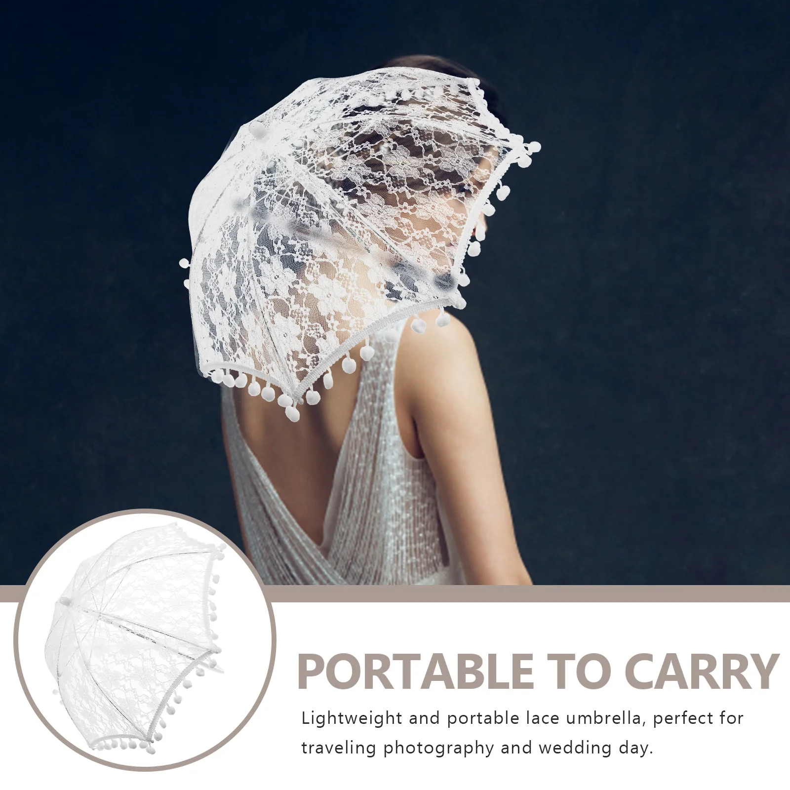 

1pc Lace Umbrella White Pompoms Design Wedding Bridal Parasol Lightweight Decorative Umbrella For Photography Tea Party