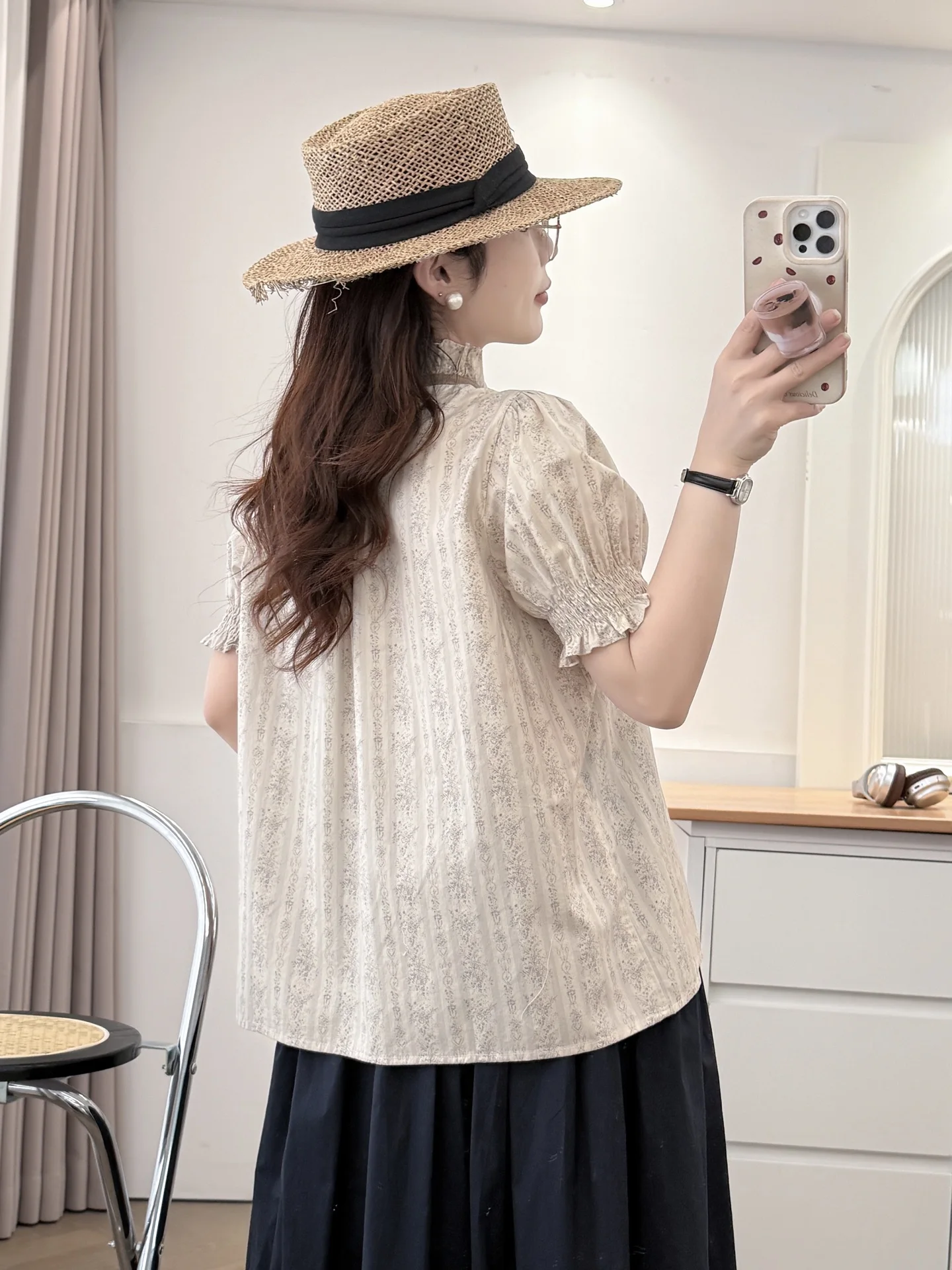 ใหม่2025ฤดูร้อนผ้าฝ้ายพัฟแขนเสื้อผู้หญิงยืนพิมพ์Lace-Up, Moriสาวภาษาฝรั่งเศสคําVINTAGE Casualหลวมเสื้อt55818CC