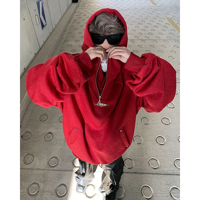 

Cleanfit Hooded High Collar Men's Sweatirt Anti Wind Red Sequin Jaet American Heavy Design Retro Sle Spring Casual Wear