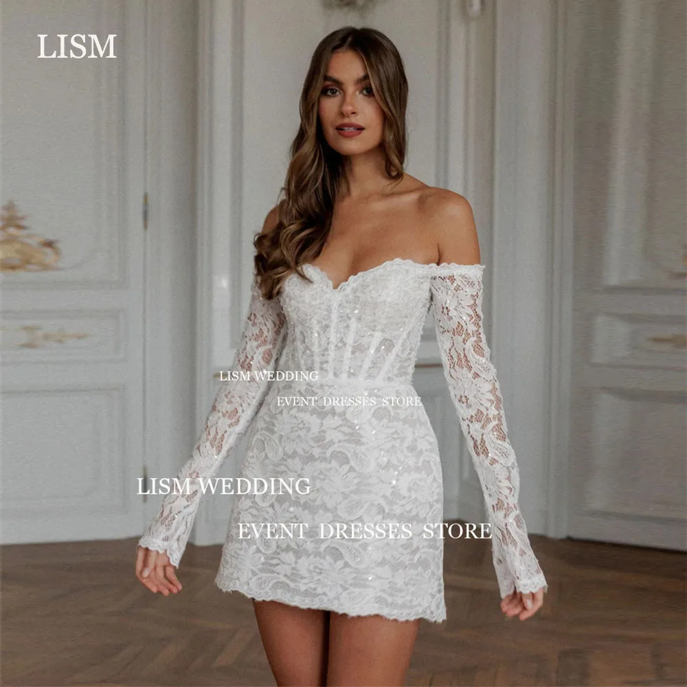 

LISM Sweetheart Full Lace Short Mini Wedding Dresses Off Shoulder Long Sleeves Bridal Gown Custom Corset Back Vestidos De Novia