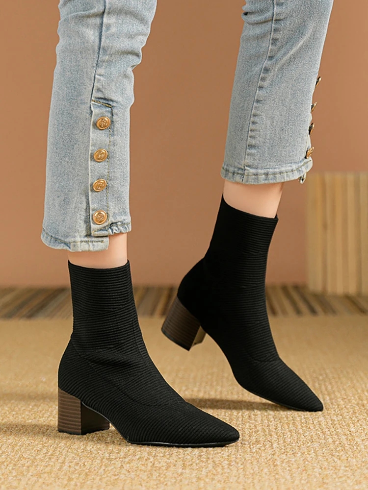 Fashionable Autumn New Thick Heeled Women's Short Boots With Pointed Knit Mesh Surface Solid Color High Heels Boots