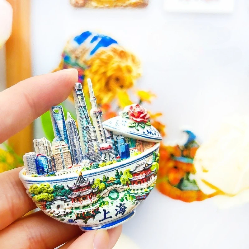 Shanghai Tea Cup Fridge Magnet - Elegant 3D Cityscape in Porcelain Souvenir Unique Bund Gift for Travel & Chic Home Decor