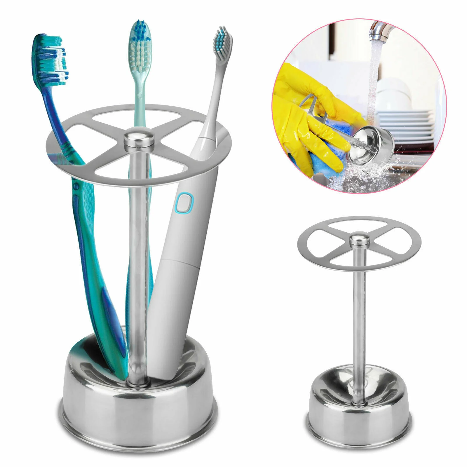 Suporte de escova de dentes de aço inoxidável, organizador de escova de maquiagem com 6 slots, armazenamento de banheiro montado na parede para escova de dentes elétrica