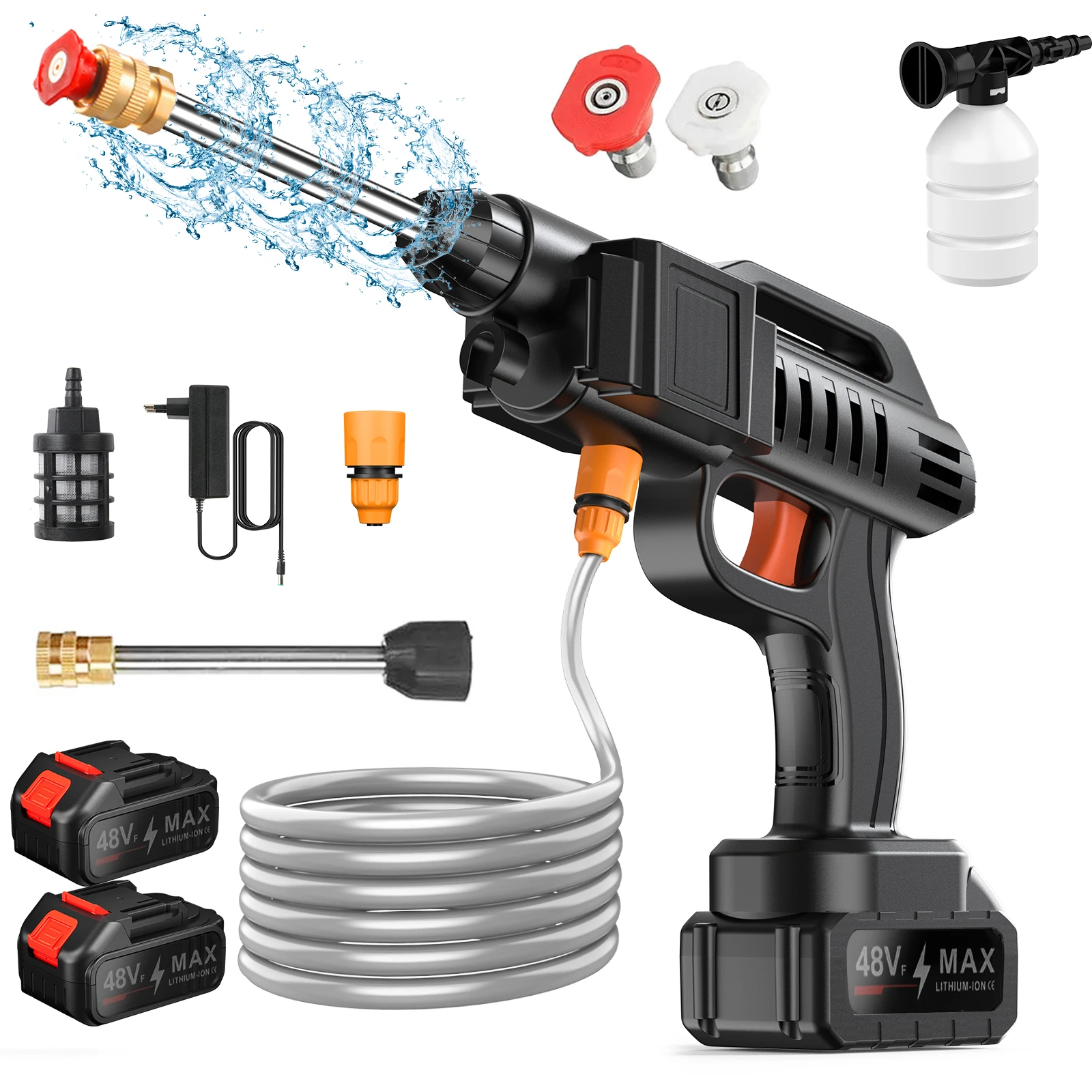 Nettoyeur haute pression sans fil pour voiture 1500W, machine de nettoyage portable, pistolet à jet multi-modes, auto-amorçant, tuyau de 5M avec bouteille à mousse