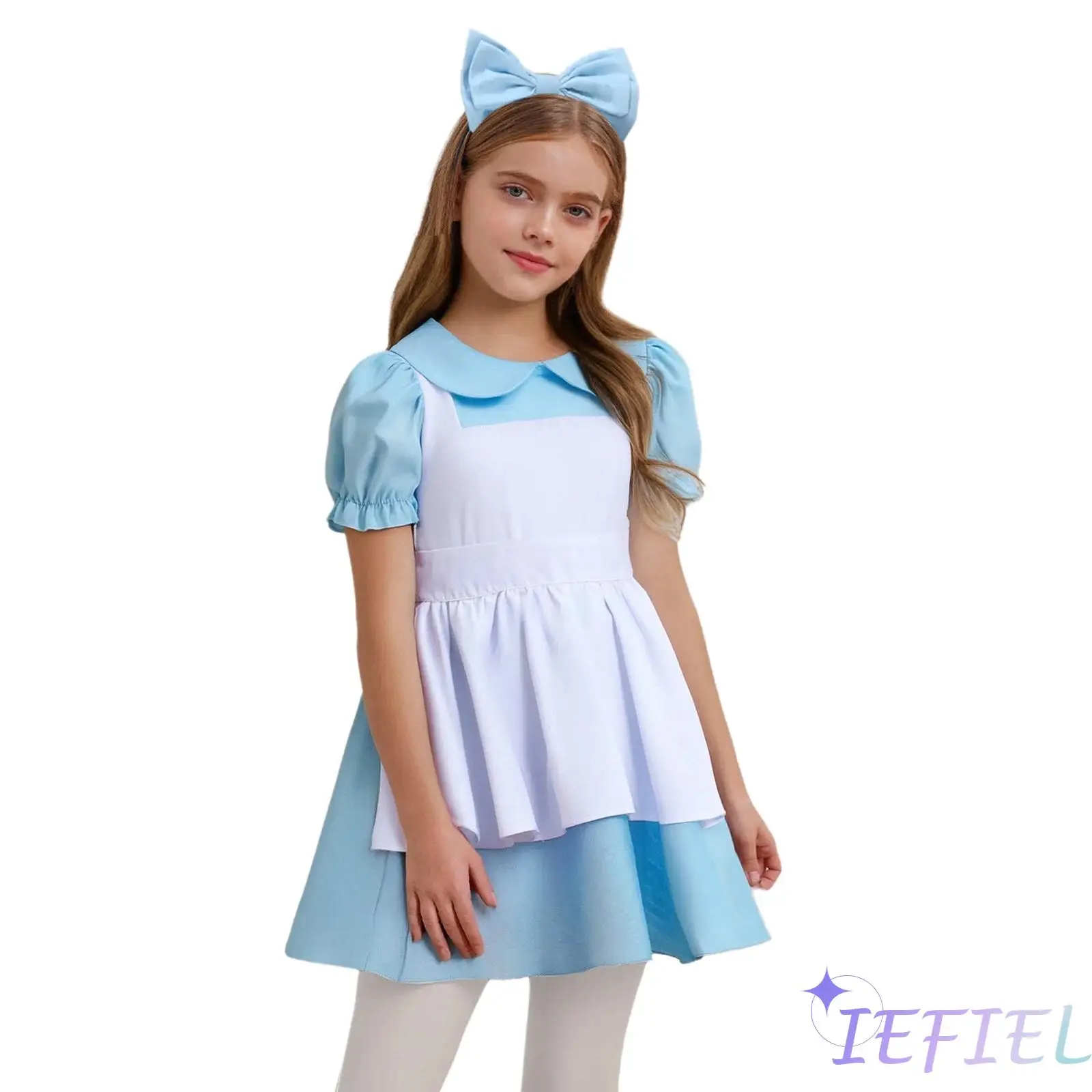 

Girl 3Pcs Fancy Wonderland Party Dress Up Set Short Puff Sleeves Knee Length Ruffled Dress And Matched Ruffle Apron Hair Hoop