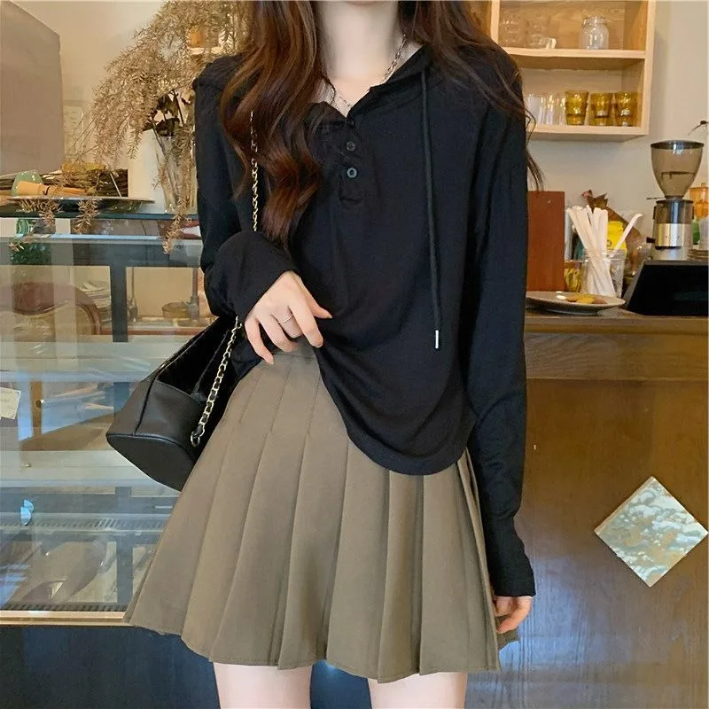 المألوف الحد الأدنى الخريف رقيقة مقنعين البلوز للنساء تنوعا مزاجه بأكمام طويلة تي شيرت النمط الغربي