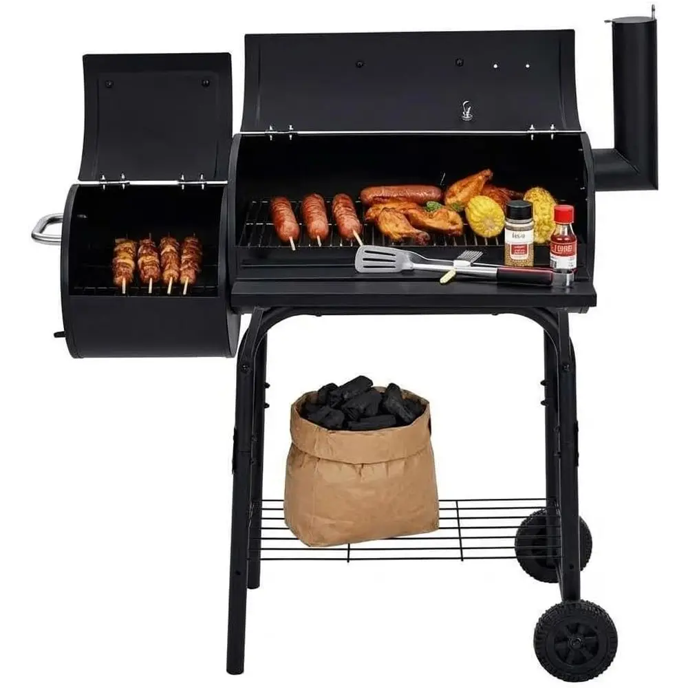 

Portable Outdoor Barrel Charcoal Grill with Smoker, Wheeled Patio BBQ and Smoker Combo for Backyard Parties and Camping