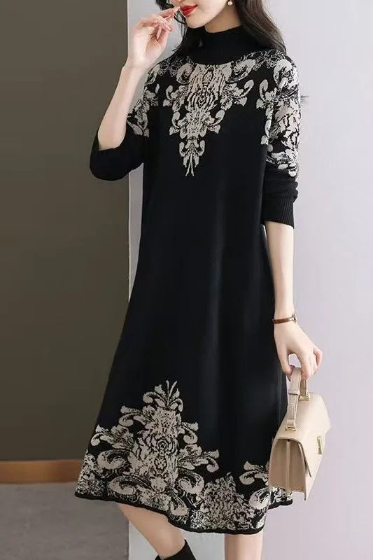 여성을 위한 한국 패션 프린트 니트 풀오버 가을 겨울 캐시미어 두꺼운 따뜻한 스웨터 드레스 2025 우아한 루즈 프로무 드레스