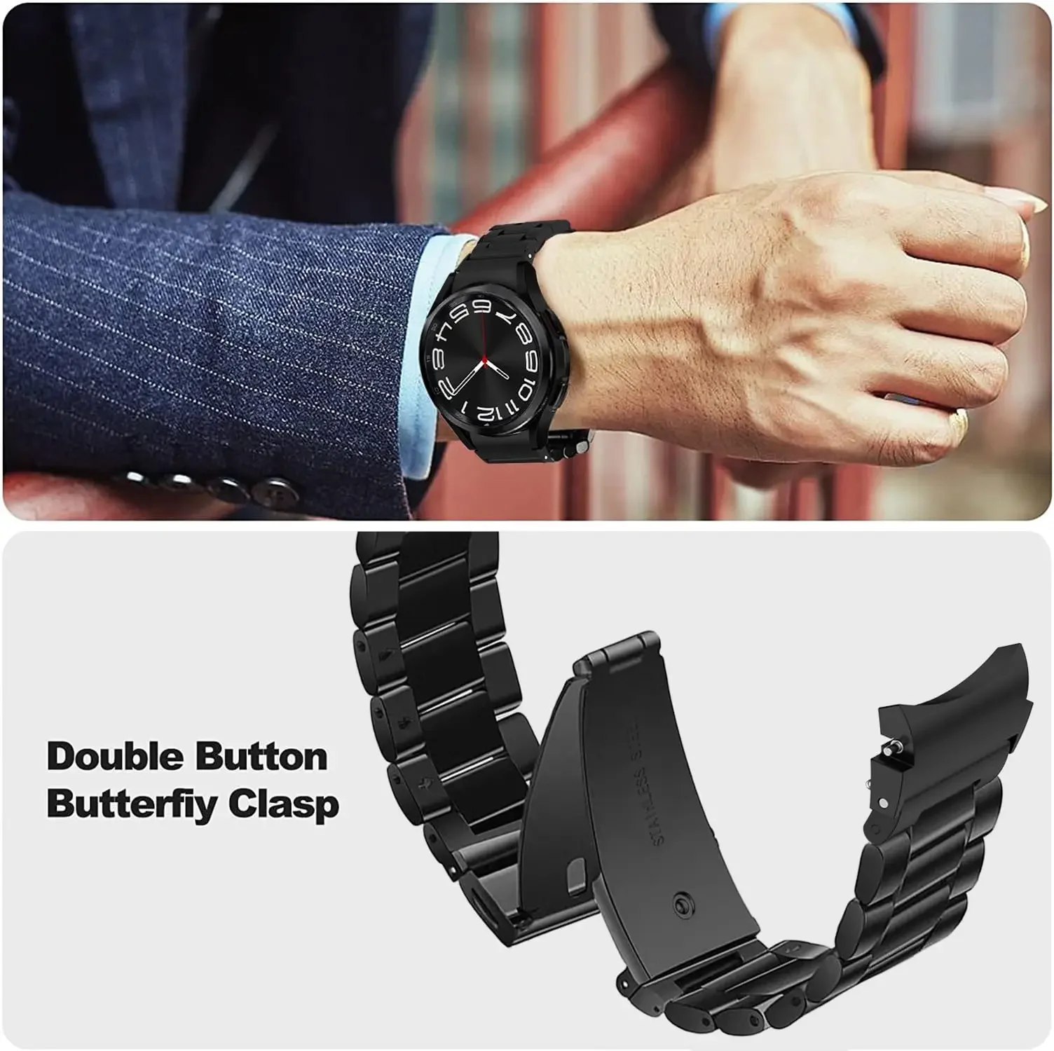 حزام معدني لساعة سامسونج جالاكسي 6 5 4 44 ملم 40 ملم / 5 برو 45 ملم بدون فجوة سوار من الفولاذ المقاوم للصدأ جالاكسي 4 6 كلاسيكي 46 42 43 47 ملم