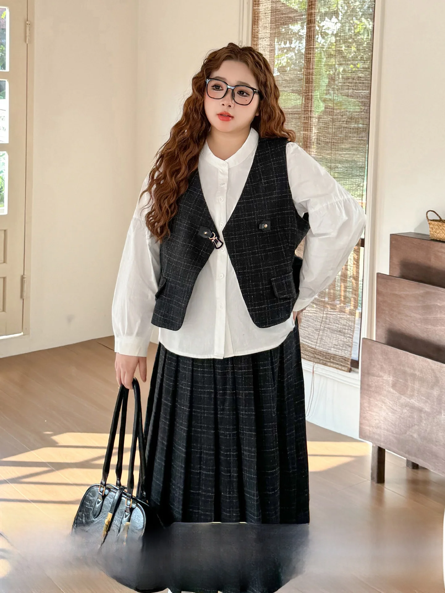 

plus Size Korean Style College Fashion Set Spring Season Shirt Plaid Vest Pleated Skirt Casual High Waist Cotton Blend