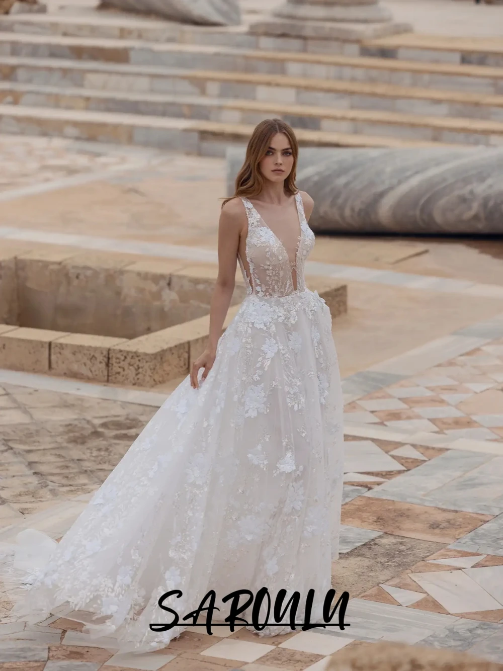 

Glitter Floral A Line Wedding Dress Women's Customized Sexy Deep V Neck Bridal Gown Open Back Stunning Lace Bride Wear