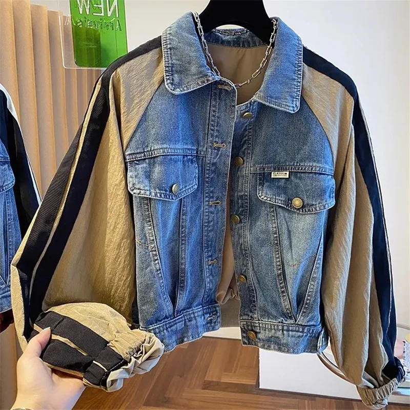 Primavera autunno breve uniforme da Baseball Doat donna 2024 nuova moda sciolto giacca di jeans per il tempo libero unire insieme capispalla nera Femal