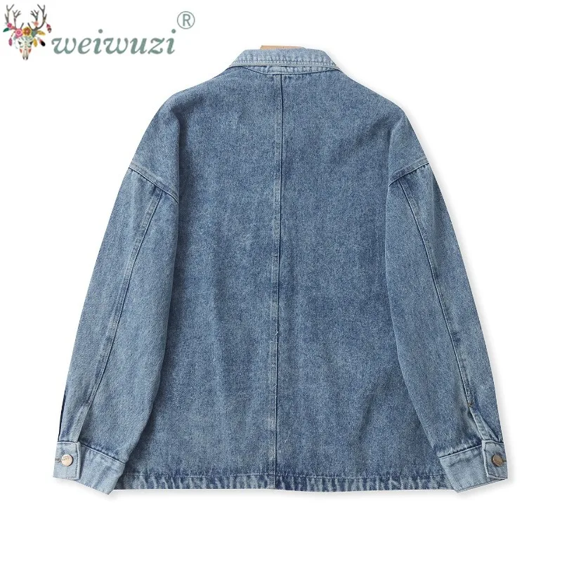 Women Denim Jacket Lapel Collar Single Breasted Multi Pockets Loose Casual Outerwear Chic Streetwear Daily Commute Fashion Coat