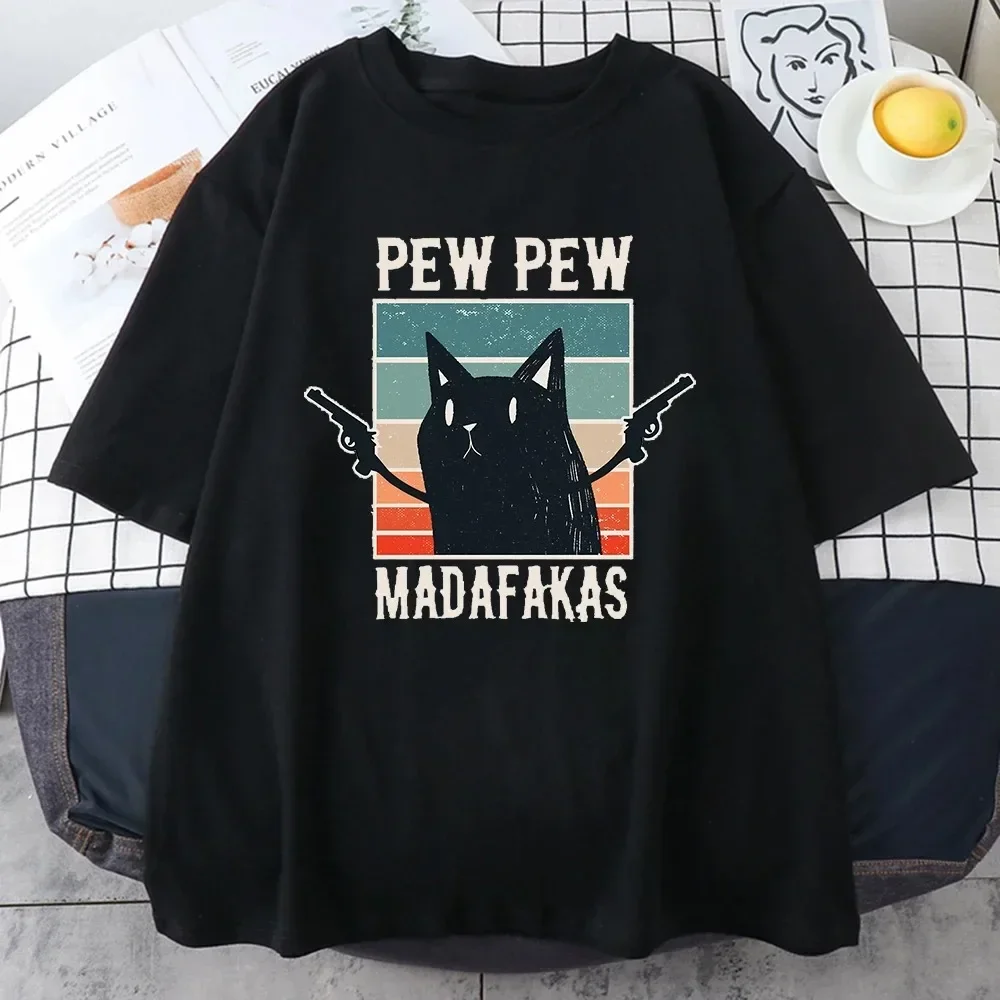 

Madafakas Cat With Two Guns Printing Men Women Cotton T Shirts Summer Cotton T-Shirts Loose Clothes Hip Hop Street Tees