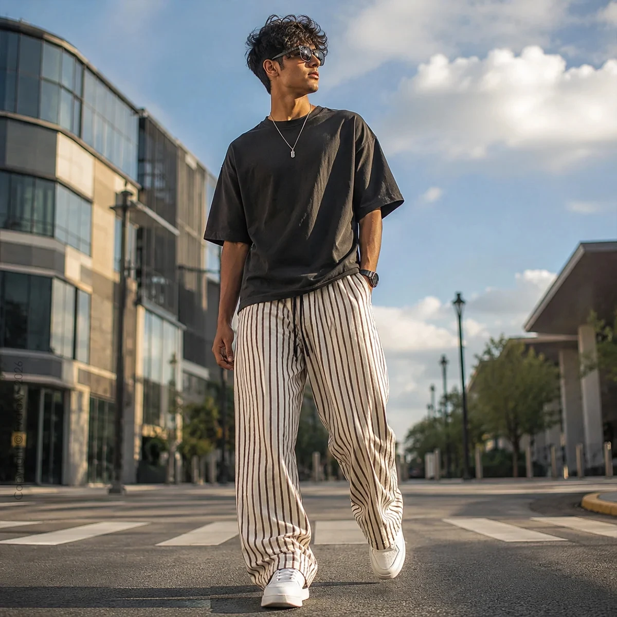Brown White Vertical Stripe Elastic Waist Casual Pants, Silky Drapey Light Touch for Adults and Kids Urban Avenue Walk