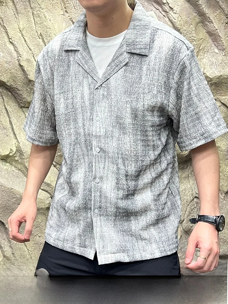 

Cuban Collar Short Sleeve Shirt Textured Embroidery Pleated Masterpiece Retro Dyed Craft Breathable Lightweight Summer Menswear