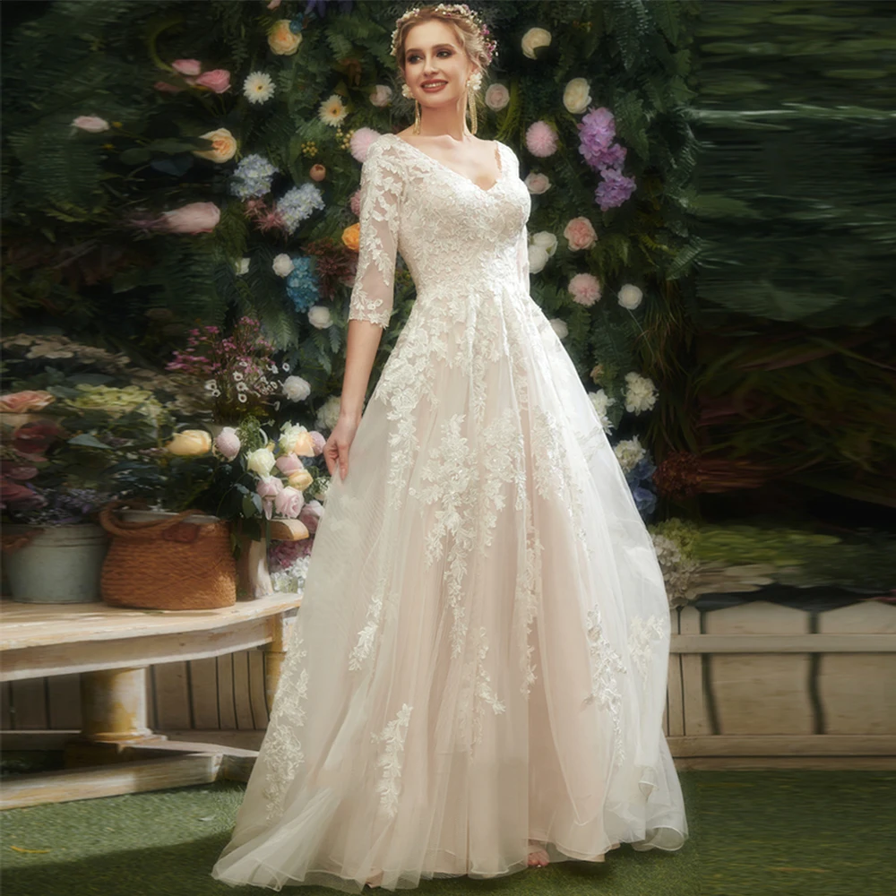 Customized Soft Tulle Wedding Dresses with Lace Floor Length Three Quarter Pleat Champagne Bridal Gowns Robe De Mariée WL98003