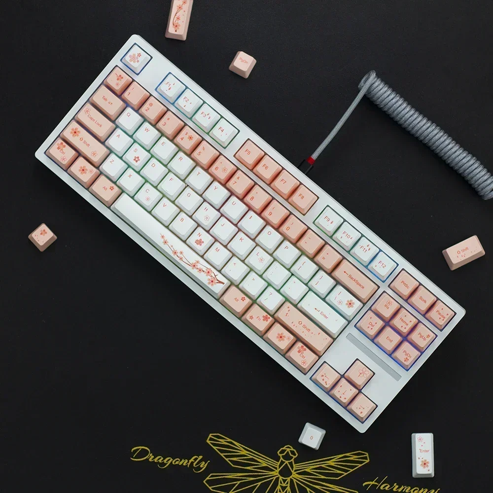 Cherry blossom powder hot sublimation 123 key small full set of keycaps customized 68/84/98 keyboard keycap box sent steel pull