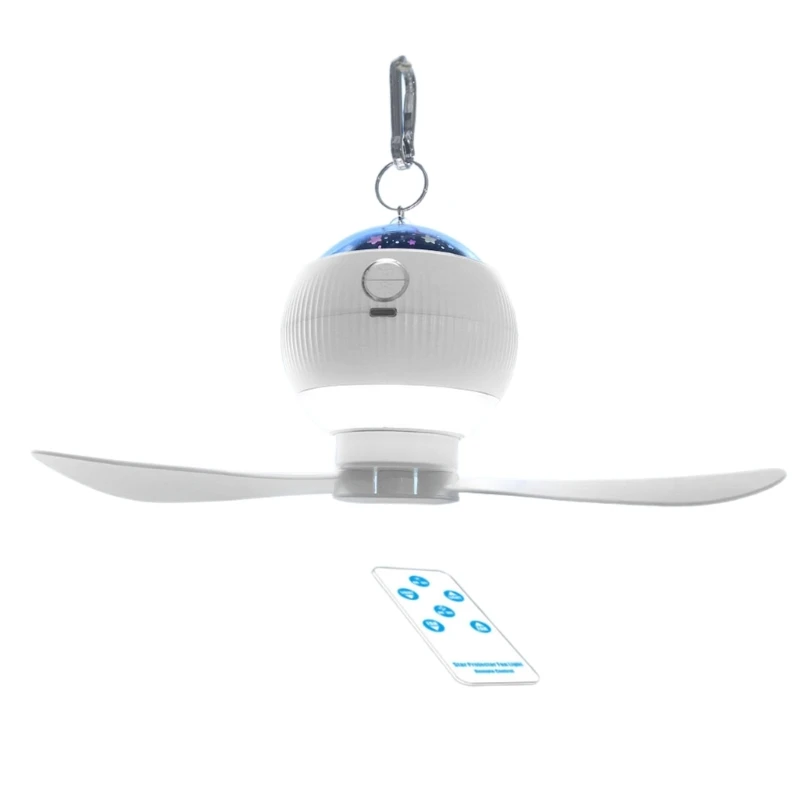 Dormitory Small Ceiling Fan TypeC 3000mAh Electric Fan Silent Remote Control Projection and Lighting for Camping Cooler