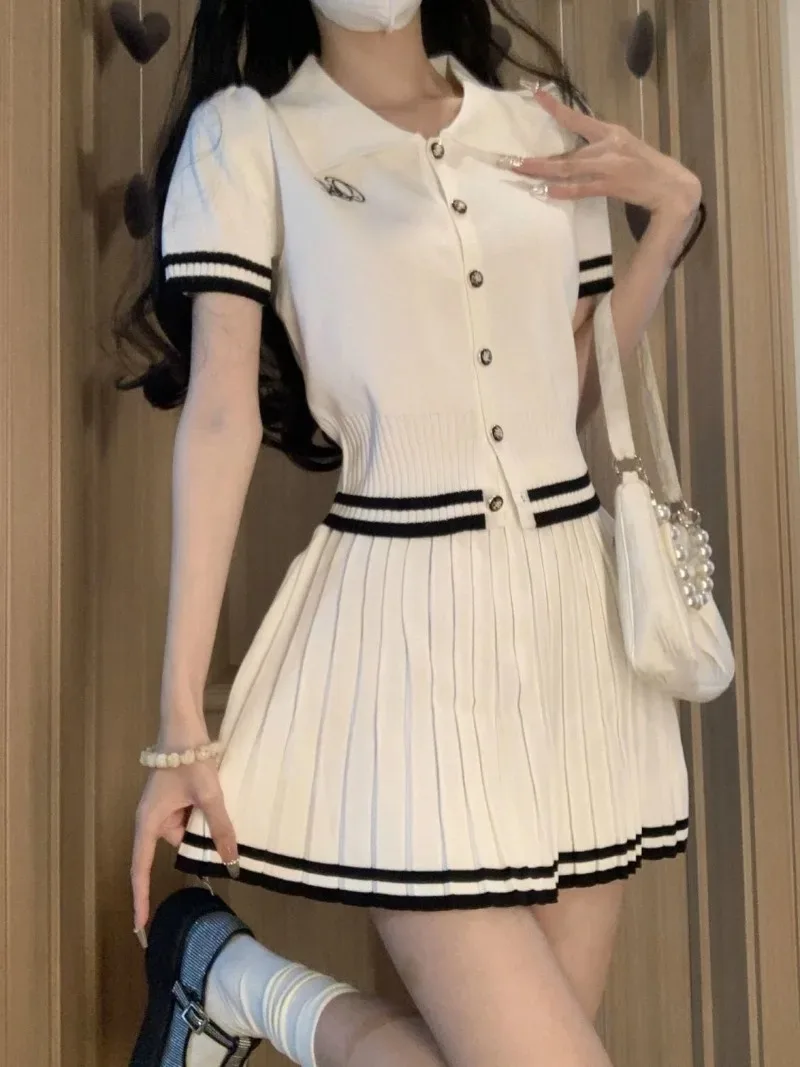 College Suit Women Polo Neck Knit Cardigan Pleated Skirt Spliced Korean Solid Slim Sweet Fashion Summer Lady Soft Two-piece Set