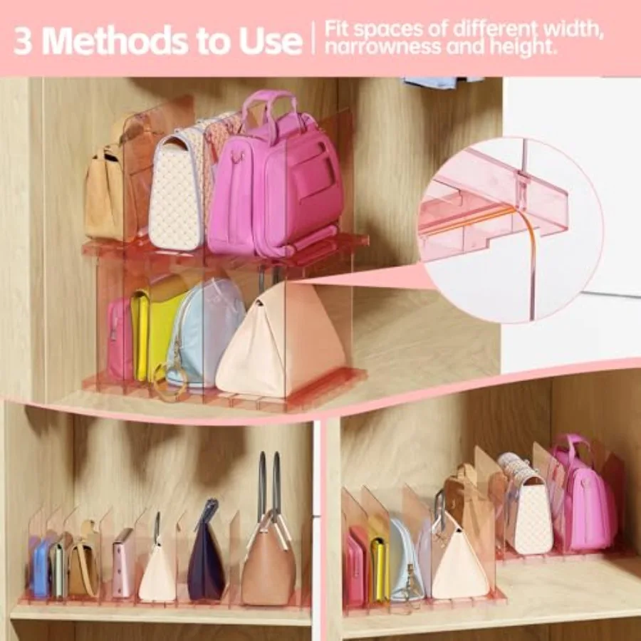 PAVSTINE 2 Pack Purse Organizer for Closet, Stackable Storage Shelf, Pink Adjustable Clear Shelf Dividers, Keep Clutch, Bag, Po view 4
