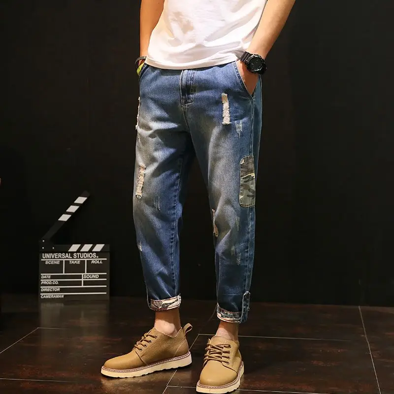 With Holes Male Cowboy Pants Tapered Men's Jeans Broken Trousers Ripped Torn Regular Trend 2025 Cotton Xs New in Grunge Y2k Kpop