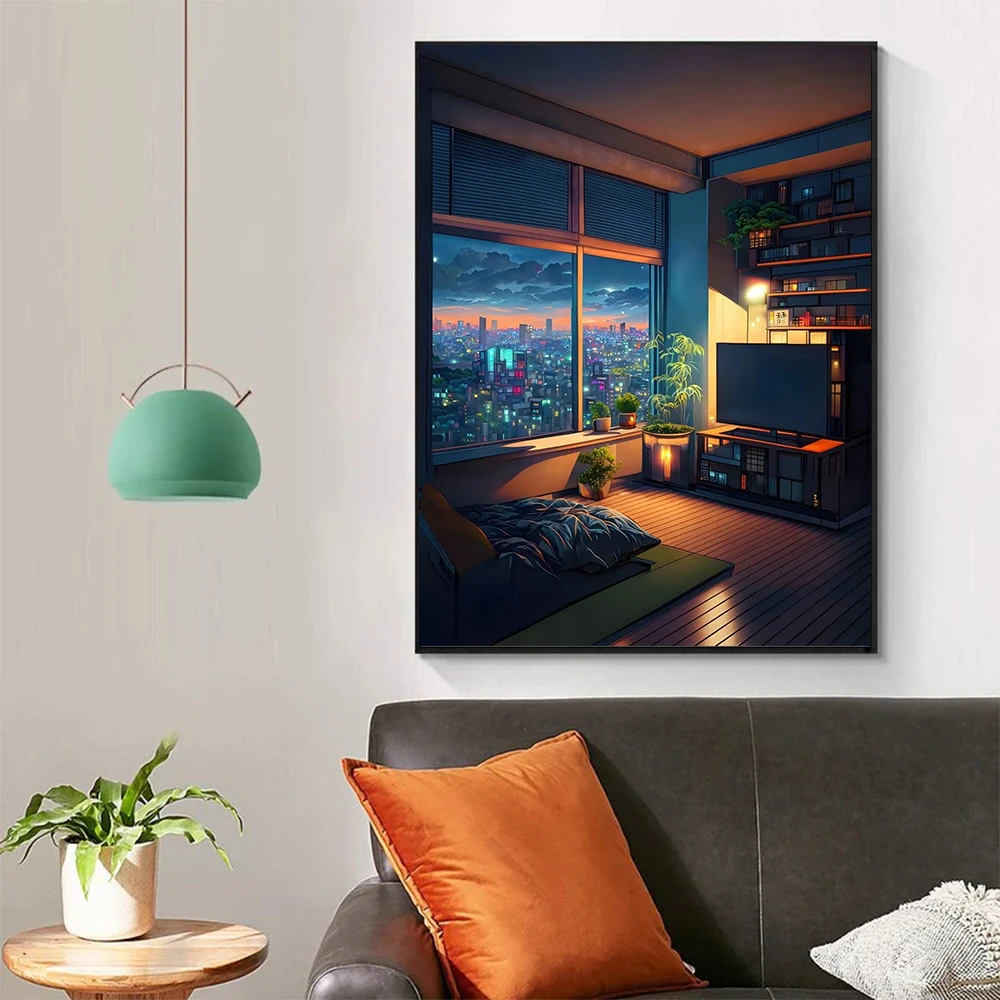 Wall Art Night View Outside The Window of The City Room Cartoon Posters Canvas Painting and Prints Pictures for Room Home Decor