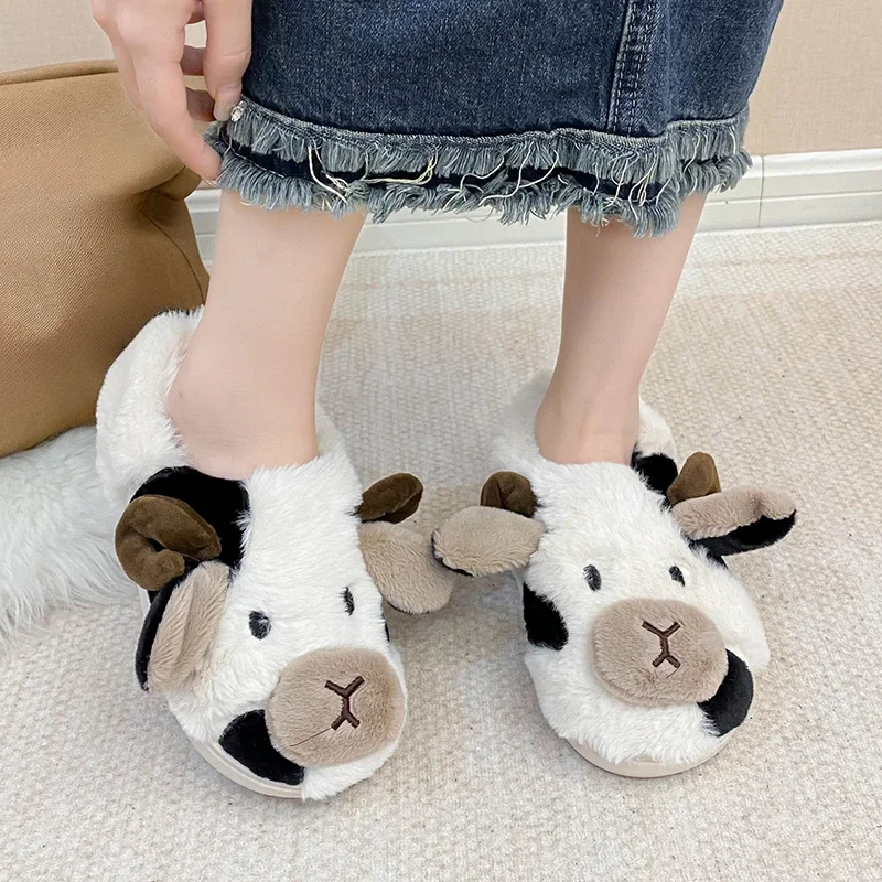 

Pop New Winter Unisex Cartoon Cow Warm Plush Slippers Couple's Indoor House Slides Men And Women Toe Wrap Home Cotton Shoes