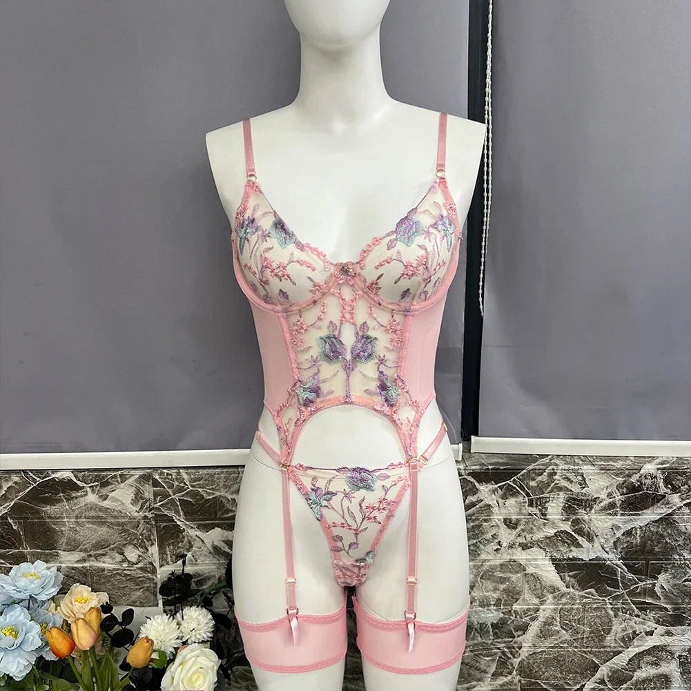 

Women Sexy Lingerie Sets Thin Gauze Lace Floral Embroidery Bodysuit Thongs Garters Erotic Underwear Suit Seductive Intimates