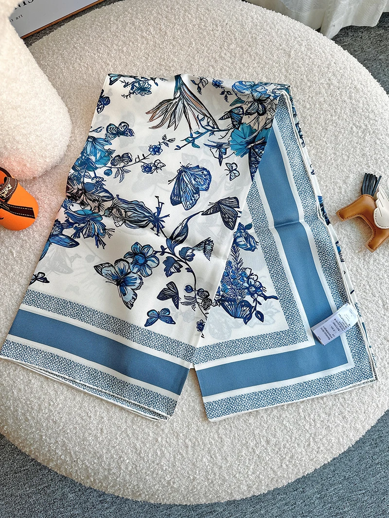 Toile de Jouy Mexico 90 Square Scarf Mexican Flower Printed Square Scarf Scarves of birds Flowers Blue Scarf Women Spring Hijab