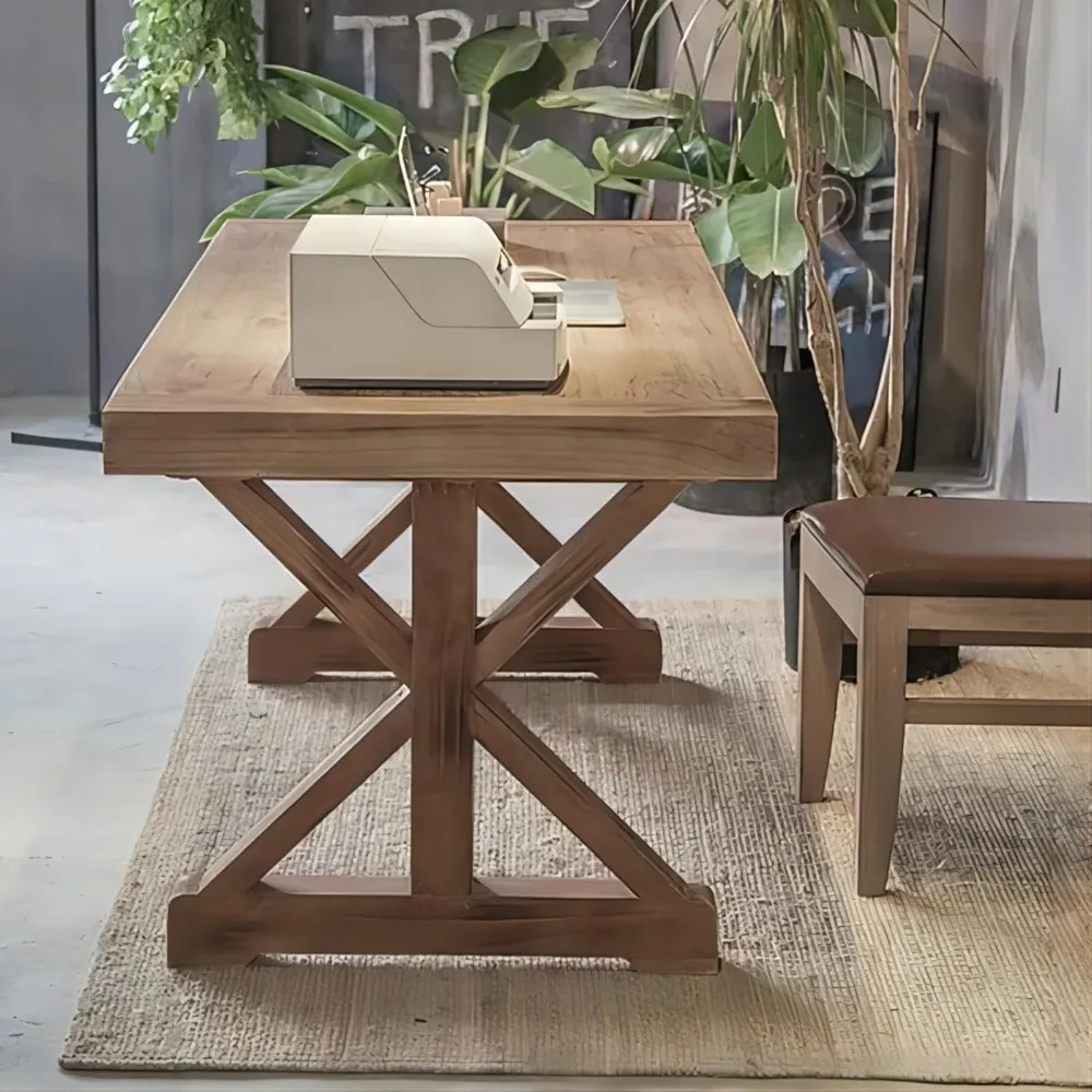 Rustic Farmhouse Computer Table Wood Executive Desk with Trestle in Natural