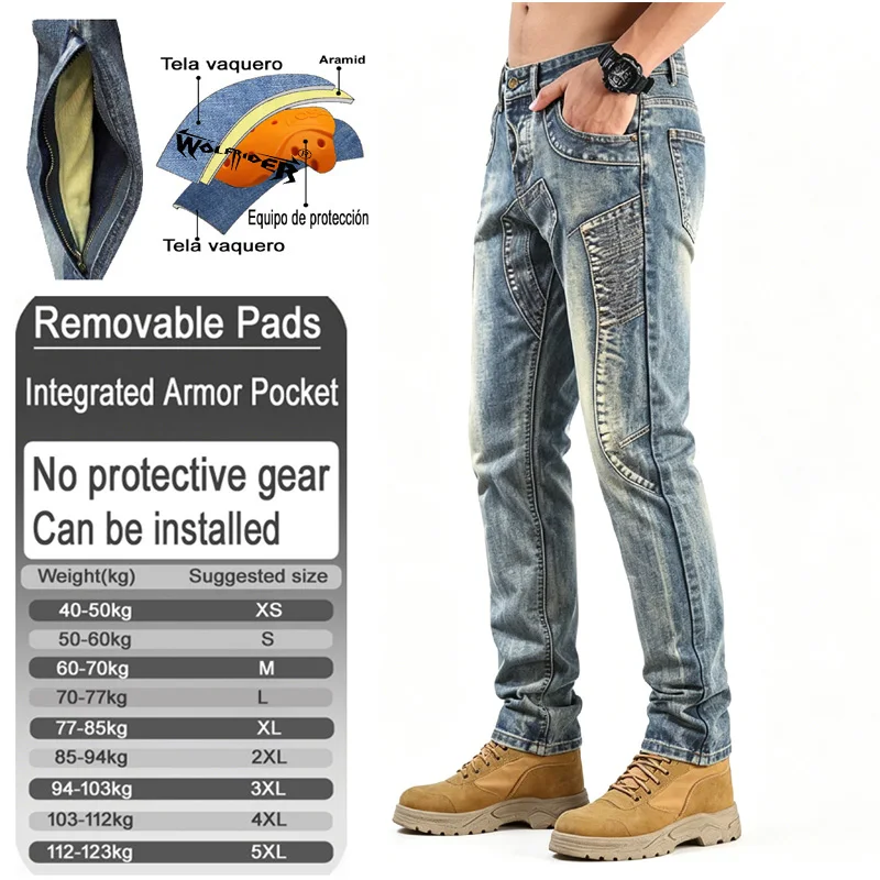 Wolfrider Men Aramid Fiber Motorcycle touring pants Motocross riding jeans trousers with Armor pockets Armor Not Included