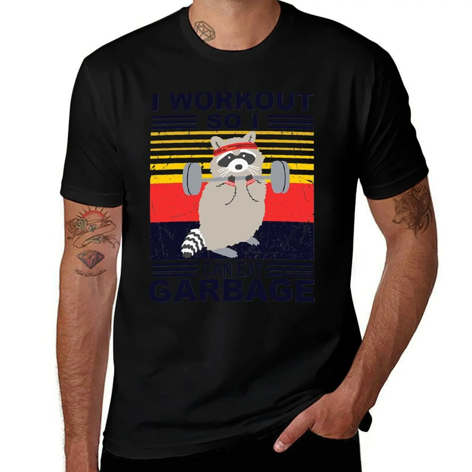 I workout So I Can Eat Garbage Funny Raccoon Vintage Gym T-Shirt Casual All Match Tee Shirt for Men T-Shirt