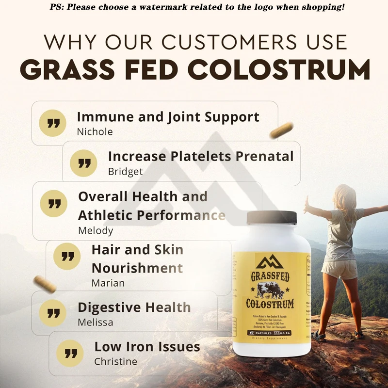 Grass fed beef colostrum supplement, 3000 milligrams of bioactive nutrients, immune support, intestinal health, 60 capsules