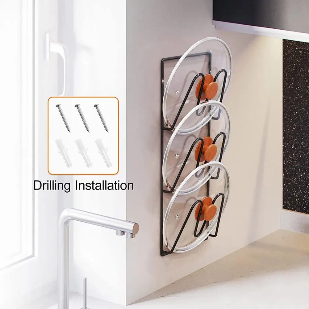 Kitchen Pot Lid Holder 1/2 Pcs Pot Lid Holder Wall-mounted No Drilling Kitchen Organizer with Hooks Quick Drainage Waterproof