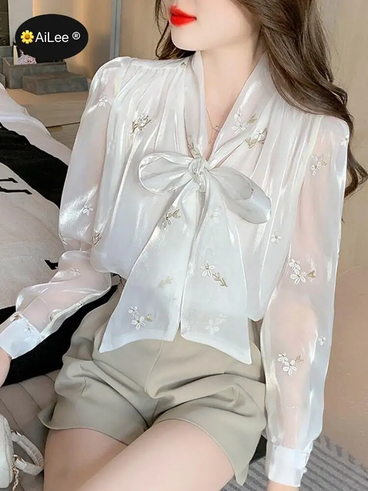 Vrouwen Chiffon Borduurwerk Lint Pure Blouse Fairy Fashion Date Diner Banket Bruiloft Avond Festival Tops Street Shirts