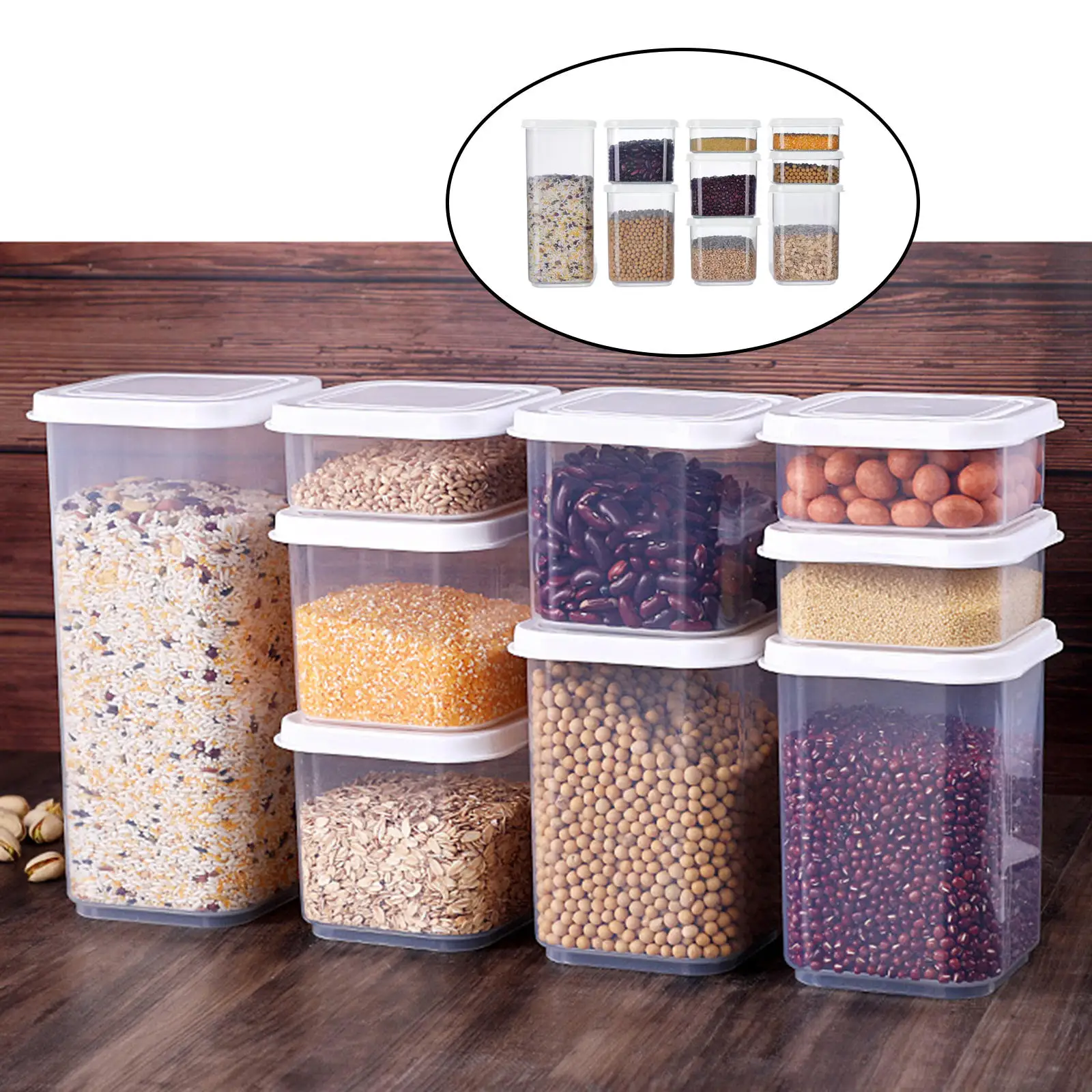 9 Pieces Kitchen Food Storage Box Set Square Vacuum Lid Airtight Jars Pantry Noodle Legume Cereals Rice Pasta Food Container