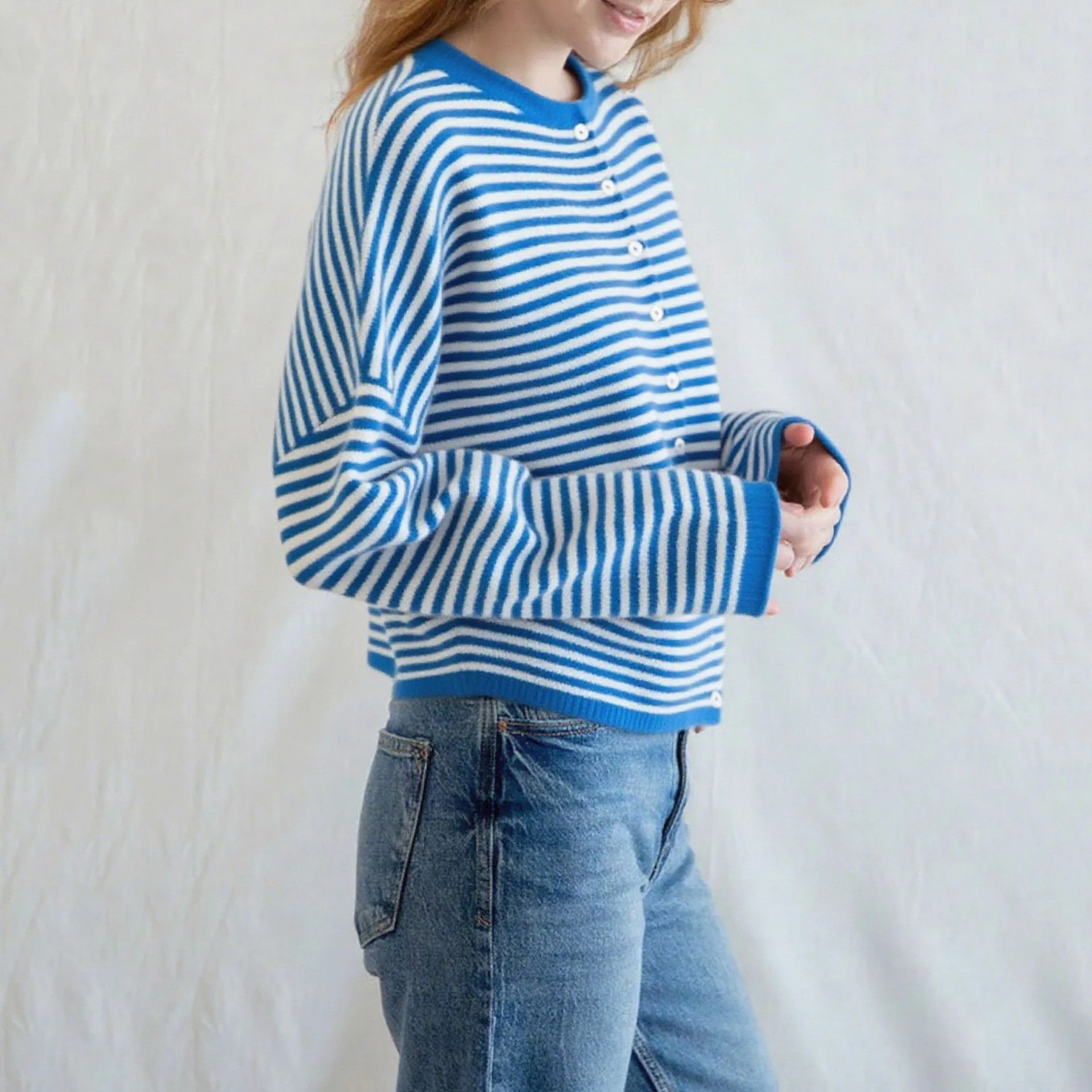 Mode Gestrickte Stripped Strickjacke Frauen Herbst Casual Pullover Einreiher Rundhals Dame Kurze Strickjacke Weibliche Strickwaren Top