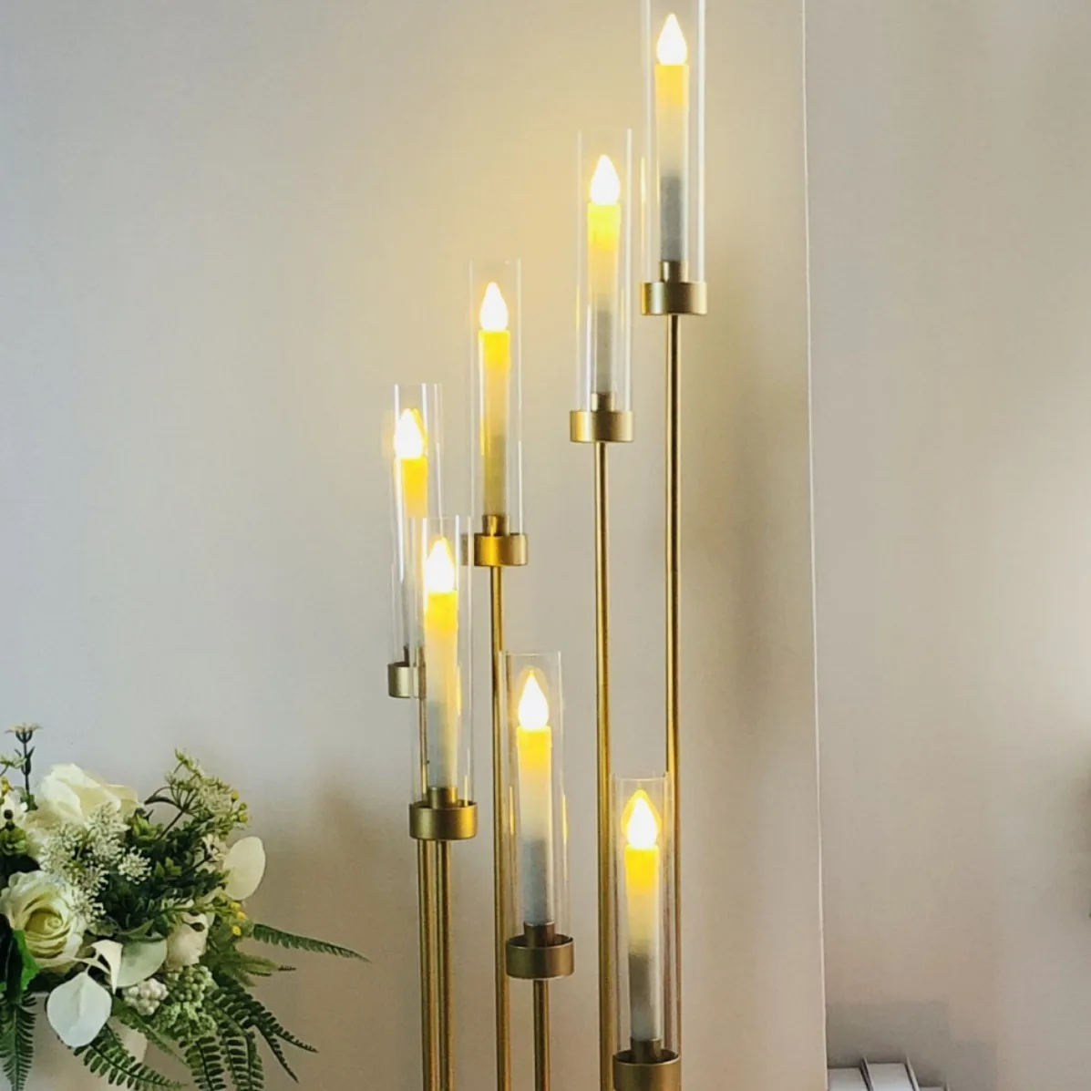 Floor Candelabra 5 Arm Gold Candle Holder, Candelabra Centerpieces for Tables, Metal Candlestick Set with Acrylic cover