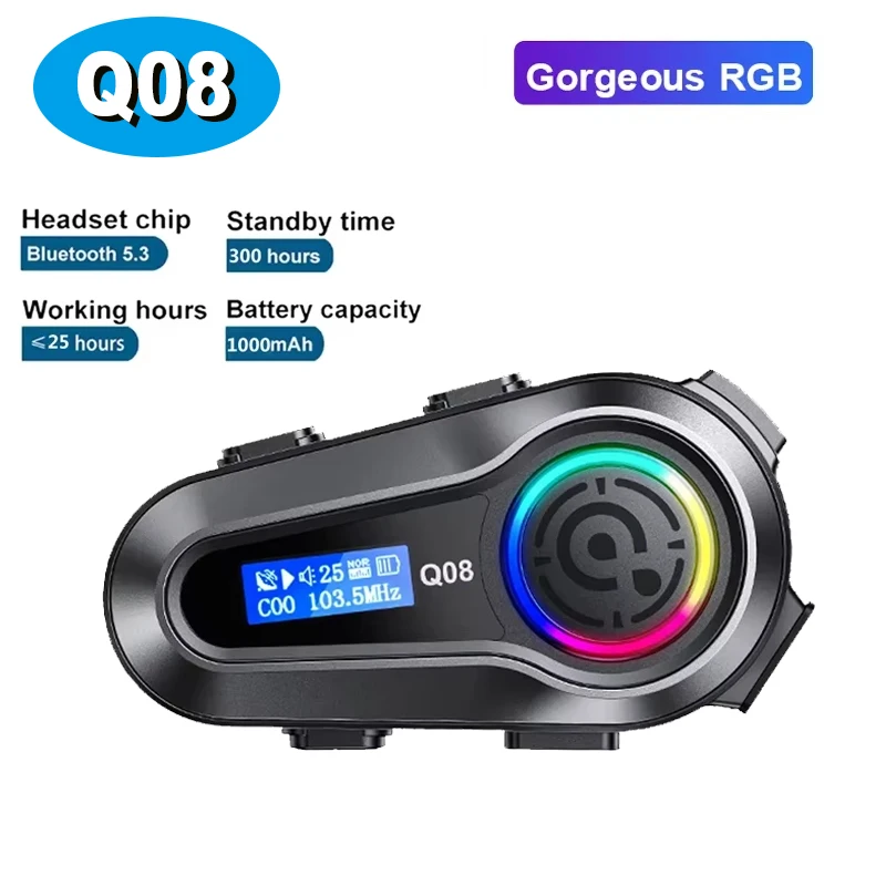 Q08 Motorcycle Helmet Bluetooth Headset IPX6 Waterproof Stereo FM Radio Stable Signal Headphone EQ Sound Effect HD LCD Display