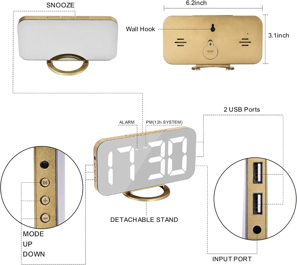 LED Mirror Alarm Clock with USB Charger 5