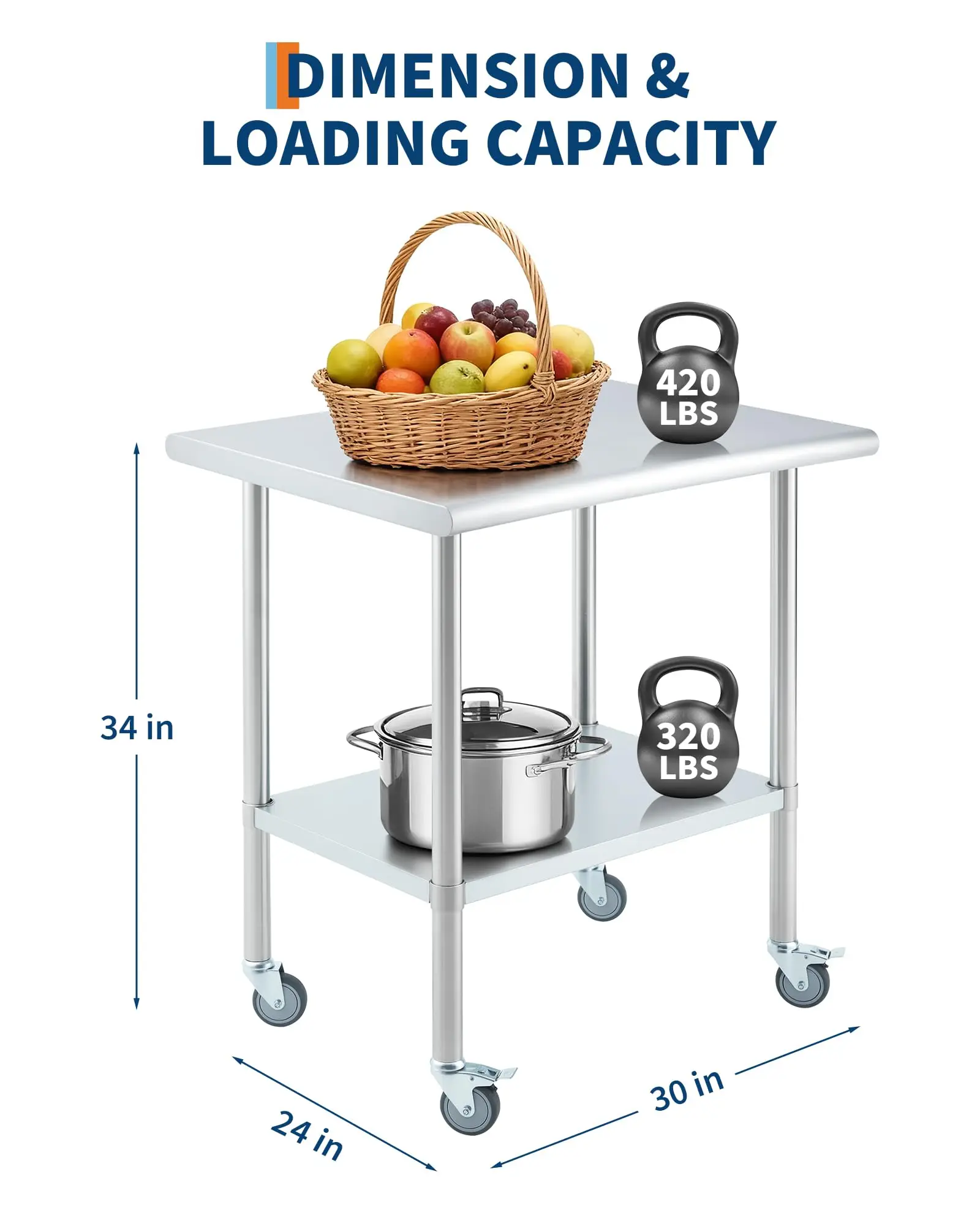 Stainless Steel Prep Table with 4 Caster Wheels, 24x30 Inch