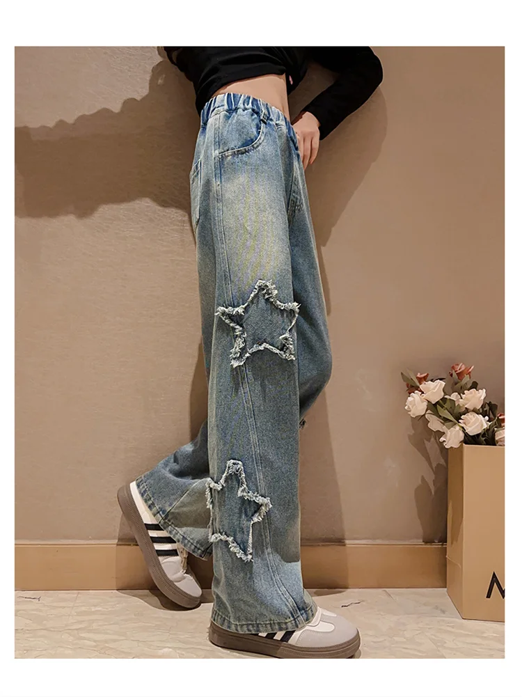 High-Waist-Jeans für Mädchen, gerade geschnittene, lockere Weitbein-Hosen, Frühling und Herbst, koreanische Vintage-Jeans, modische Kinder-Denim-Hosen für Teenager. – Detail 8