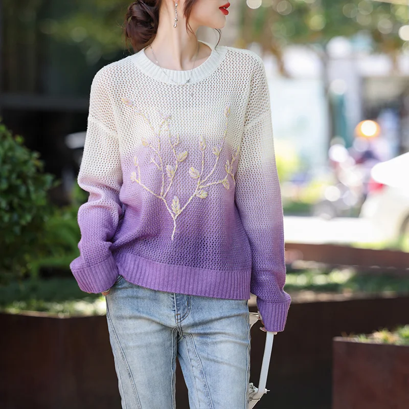 Pure wool knitted round neck hollow-out fashion sweater women's autumn and winter Korean version casual all-match base shirt