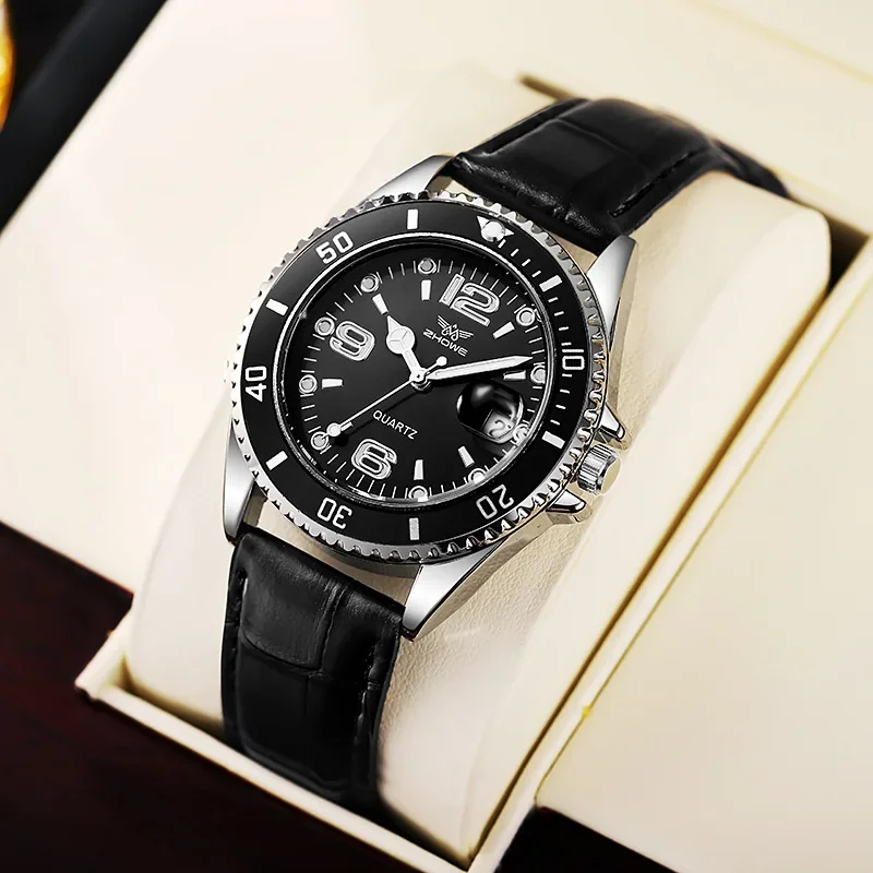 Relógio masculino com pulseira de couro, relógio de negócios casual com calendário, relógio de quartzo masculino (sem caixa)