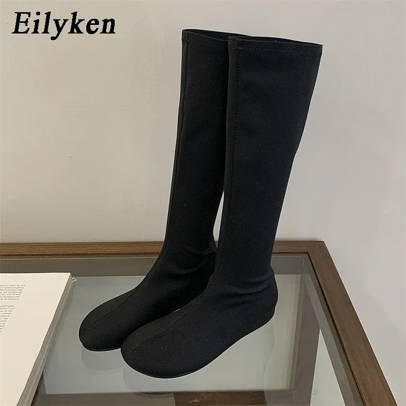 Eilyken Fashion Soft Leather Punk Style Round Toe Woman Knee High Boots Autumn Winter Low Heels Long Booties Ladies Shoes