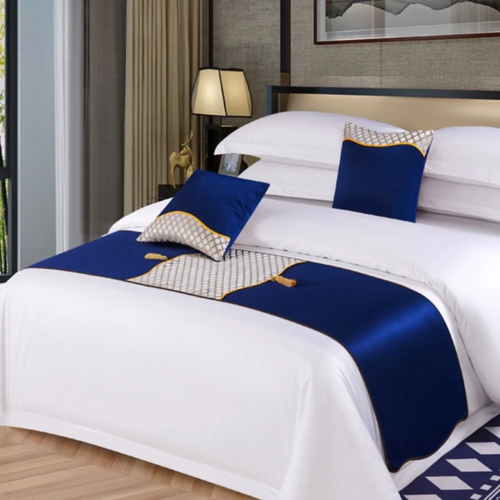 New Chinese Style Light Luxury Embroidered Bedding Set - Solid Color Cotton Linen Towel Bed End Flag Pillowcase for Family Hotel