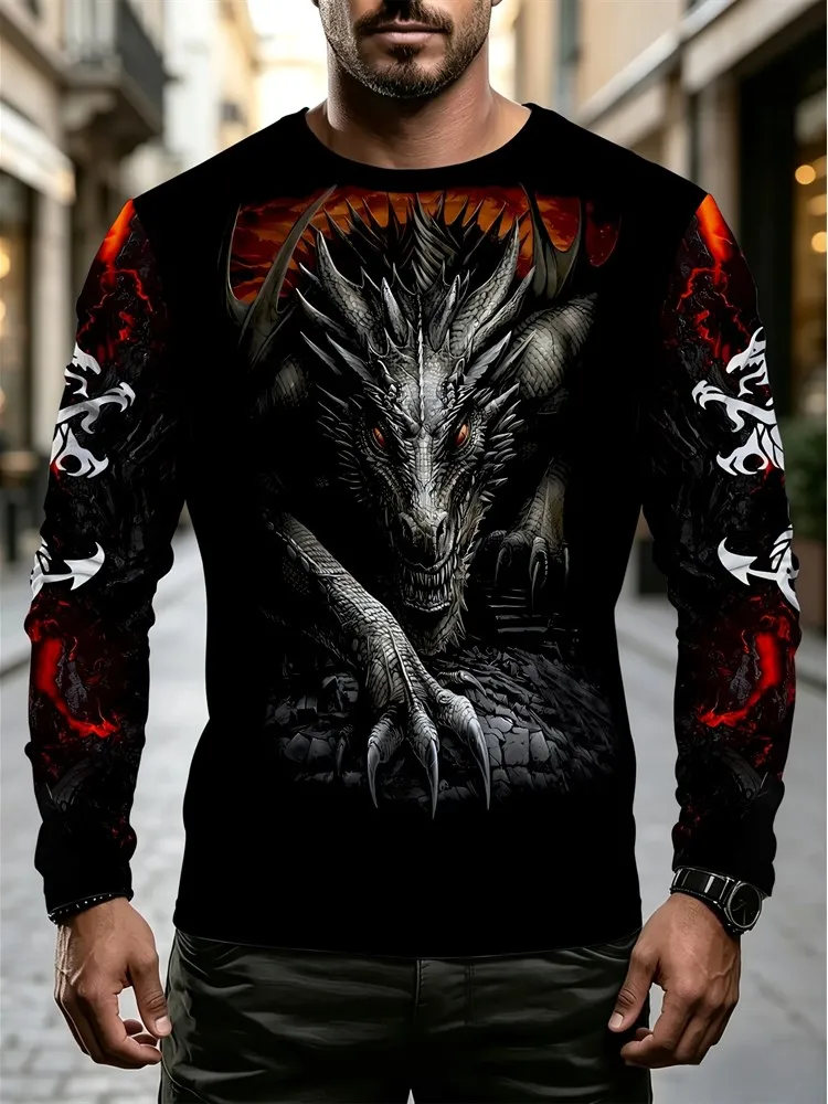 Men's Dragon Long Sleeve T-Shirt Red Black Fire Graphic Tee Fantasy Mythical Beast Streetwear Pullover Tops Gift New 2026