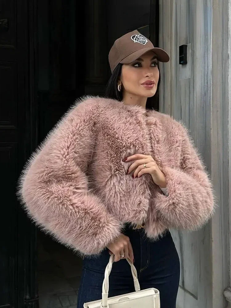 Faux Fur Coat for Women Elegant Pink Jacket Loose Long Sleeve Cardigan Jacket Female Luxury High Street Outerwear